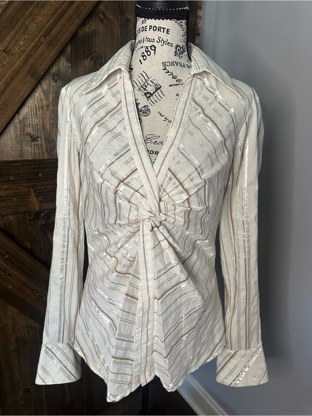 Cache Cream Metallic-Striped Twist Front Blouse